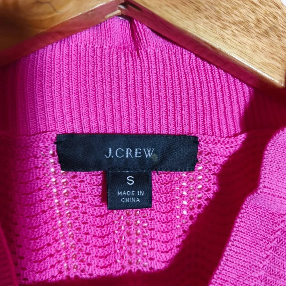 J Crew Scalloped Cuff Pointelle Mock Neck Sweater sz S Hot Pink Preppy Feminine